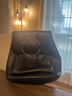 Nanette Lepore Black Faux Leather Backpack with Gold Ring Detail
